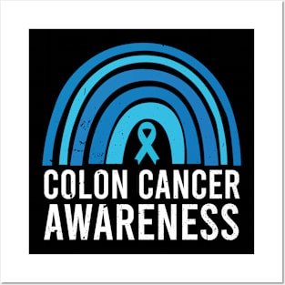 Colon Cancer Awareness Blue Ribbon and Rainbow Posters and Art